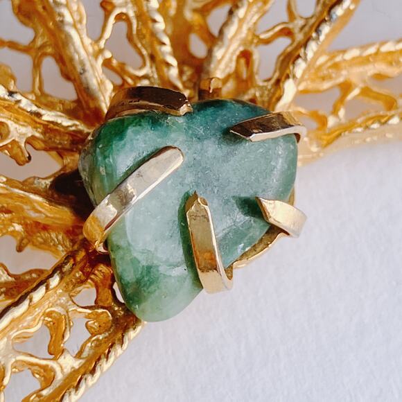 VTG Mid Century Bow Brooch Gold Filigree Green Cabochon Stone 1960s Jewelry - Picture 5 of 10